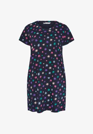 Marineblaues kurzärmeliges Kleid mit verstreutem Sternmuster in Pink, Lila, Türkis und Hellblau, ausgestattet mit Rundhalsausschnitt und regulärer Passform.