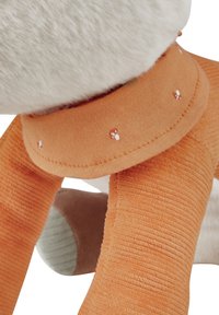 Soft plush toy featuring a white fur body with an orange corduroy collar, detailed with small embroidered mushrooms. Display of colors and textures.