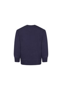 Felpa blu navy con collo a giro, polsini e orlo a coste, caratterizzata da una texture liscia e solida e da una vestibilità classica. Vista posteriore mostrata.