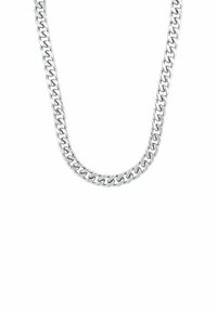Collana in argento con catena caratterizzata da spessi anelli intrecciati con una finitura liscia e lucida. Ogni anello è ben definito e uniformemente distanziato.