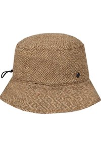 Cappello a secchiello con motivo a zig zag marrone in tessuto strutturato, caratterizzato da una parte superiore piatta, una larga visiera e un cordino per la regolazione.