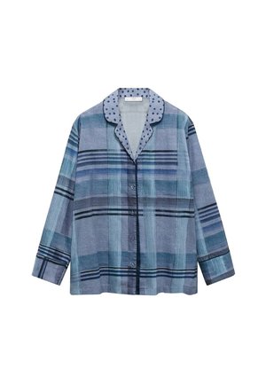 Blauw geruit overhemd met een stippenkraag, met verschillende tinten blauw en grijs in de strepen. Lange mouwen, comfortabele pasvorm.