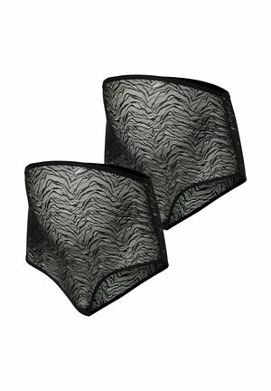 Twee paar hoge zwarte kanten onderbroeken met een zebra patroon en een effen zwarte rand op een witte achtergrond.