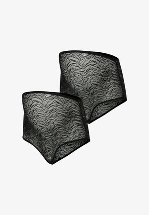 Twee paar hoge zwarte kanten onderbroeken met een zebra patroon en een effen zwarte rand op een witte achtergrond.