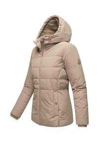 Beige gewatteerde jas met een capuchon, voorzien van een ritssluiting aan de voorkant, ingezette zakken, geribbelde manchetten en een textiele voering.