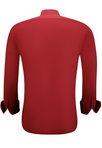 Langarmige, rode shirt met een gladde textuur en een klassieke kraag. Heeft contrasterende zwarte manchetten en een getaillede pasvorm.