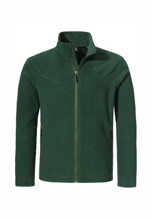 Grüne Fleecejacke mit hohem Kragen, Frontreißverschluss und zwei Seiten Taschen. Verfügt über diagonale Nähte für ein strukturiertes Design. Weiche Textur.