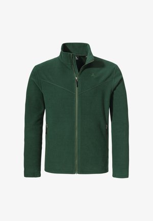 Grüne Fleecejacke mit hohem Kragen, Frontreißverschluss und zwei Seiten Taschen. Verfügt über diagonale Nähte für ein strukturiertes Design. Weiche Textur.