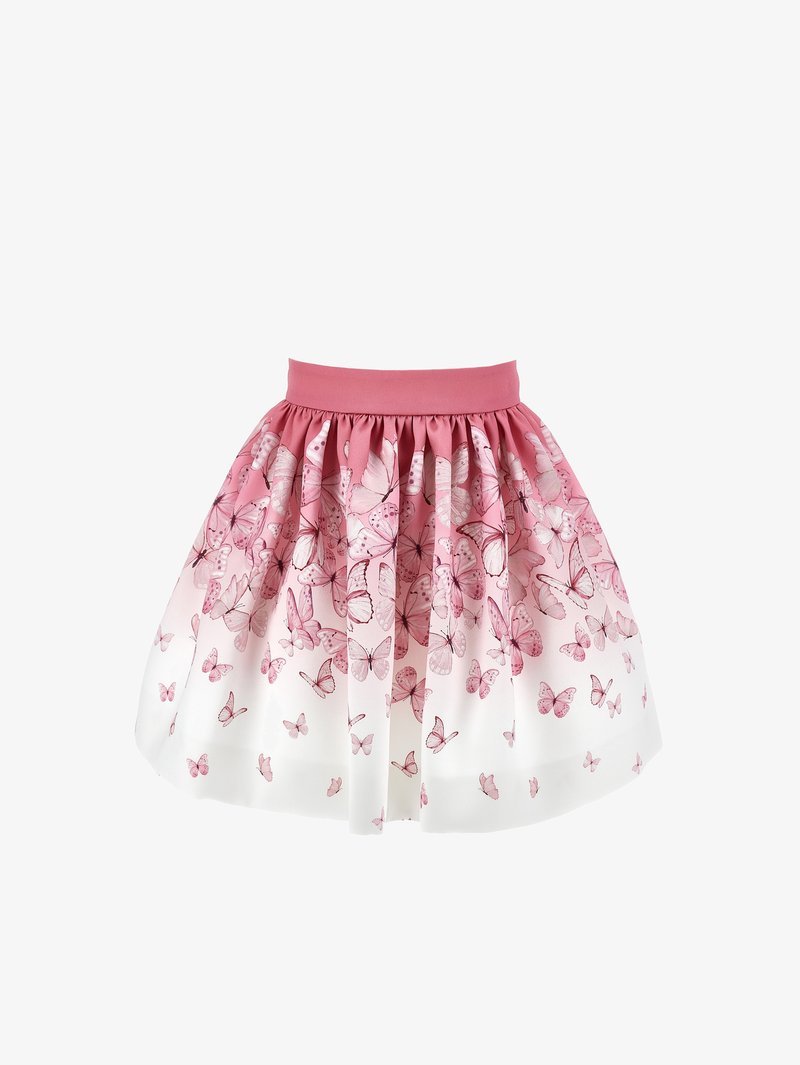 Rožinė sijonas su susiraukšlėjimu ir vientisu juosmeniu. Medžiaga puošta drugelių raštu, pereinančiu nuo rožinės iki baltos.