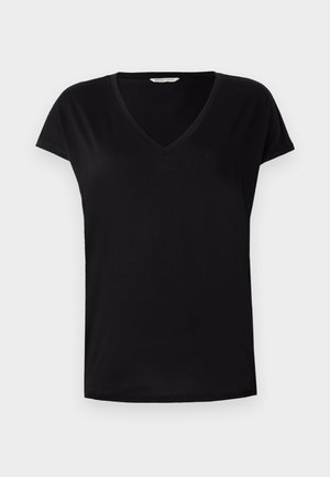 Sort kortærmet V-hals T-shirt lavet af glat stof. Har en klassisk pasform med en diskret søm langs halsudskæringen og ærmerne.