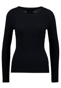Schwarzer gerippter Pullover mit langen Ärmeln, rundem Halsausschnitt und taillierter Silhouette. Weicher, dehnbarer Stoff mit subtiler Textur und Details.