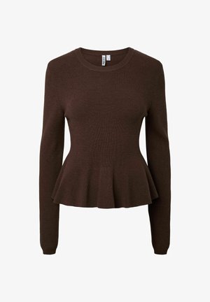 Sötétbarna bordázott kötött pulóver hosszú ujjakkal, kerek nyakkivágással és deréknál peplum bővüléssel.