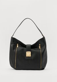 Sac en cuir noir à bandoulière avec une texture lisse, doté d'un fermoir en métal doré et de deux poches latérales zippées. Forme arrondie et poigné courbé.