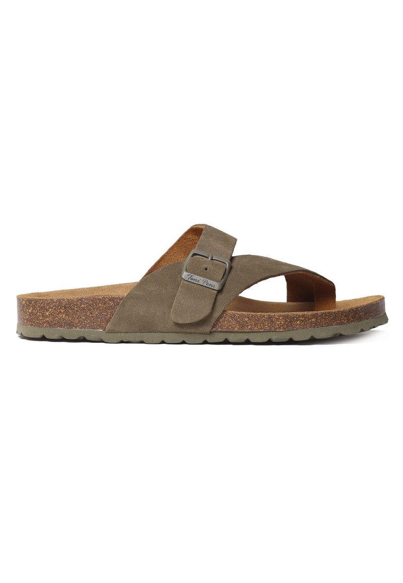 Brown suede flip-flop sandal with a cork footbed, rubber outsole, adjustable strap with a silver-tone buckle, and open-toe design.
