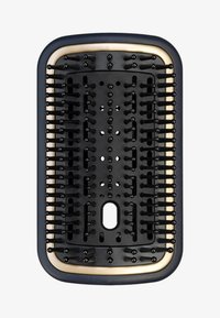 Czarna i złota szczotka do włosów z teksturowanym uchwytem, z równomiernie rozmieszczonymi włoskami, prostokątnym kształtem i centralnym owalnym otworem.