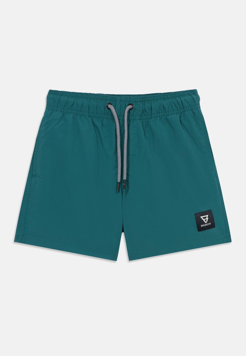 Τιρκουάζ μαγιό σορτς με ελαστική μέση και μαύρο-λευκό κορδόνι, με μικρό μαύρο λογότυπο στην αριστερή πλευρά.