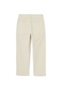 Beige corduroy broek met een elastische tailleband, twee achterzakken, rechte pijpen en ribbelstructuur.