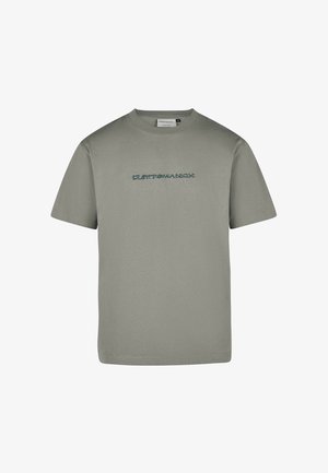 Olive green cotton t-shirt with a round neckline and short sleeves. Features stylized text in dark blue across the chest.