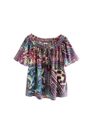Bohemien-Stil Kurzarmbluse mit mehrfarbigen geometrischen und floralen Mustern und einem Kordelzug-Ausschnitt mit Quasten.