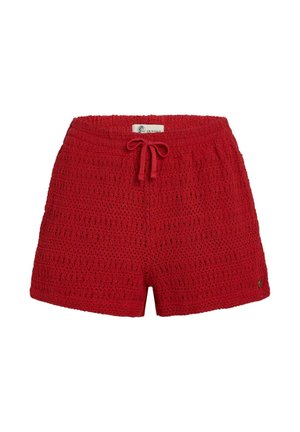 Raudoni mezgimo šortai su elastine juosmens juosta ir raišteliu. Turi faktūrinį raštą ir mažą logotipą apatiniame dešiniajame šone.