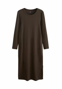 Pitkähihainen, ribbineulottu mekko tummanruskeana, jossa pyöreä pääntie ja sivuhalkio, valmistettu pehmeästä, teksturoidusta kankaasta.