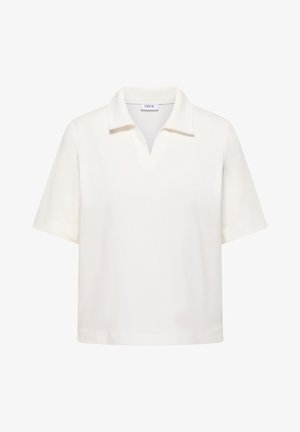 Weißes Polohemd mit kurzen Ärmeln, offenem Kragen, geradem Saum und "CECiL"-Etikett im Krageninneren.