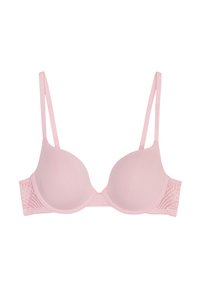 Roze beha met gladde, gewatteerde cups, verstelbare bandjes en een textuurlaag aan de zijkant met geometrische patronen.