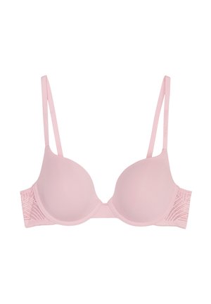 Roze beha met gladde, gewatteerde cups, verstelbare bandjes en een textuurlaag aan de zijkant met geometrische patronen.