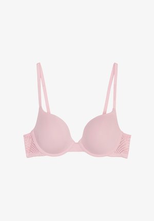 Roze beha met gladde, gewatteerde cups, verstelbare bandjes en een textuurlaag aan de zijkant met geometrische patronen.