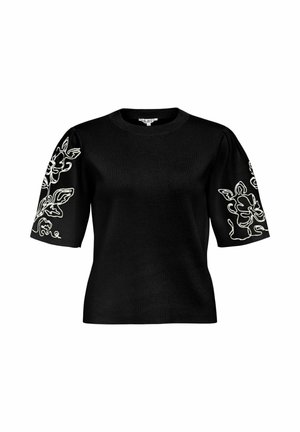 Pull noir à manches courtes avec broderies florales blanches sur les manches et un col rond.