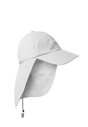 Hellgraue Outdoor-Kappe mit breiter Krempe und abnehmbarem Nackenschutz, mit gesticktem Logo und verstellbarem Kinnriemen mit Clip.