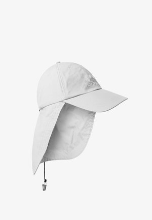 Hellgraue Outdoor-Kappe mit breiter Krempe und abnehmbarem Nackenschutz, mit gesticktem Logo und verstellbarem Kinnriemen mit Clip.