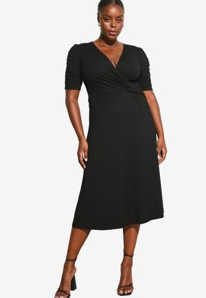 SHORT RUCHED SLEEVE KNOT SIDE MIDI - PLUS SIZE - Jerseykjole - black