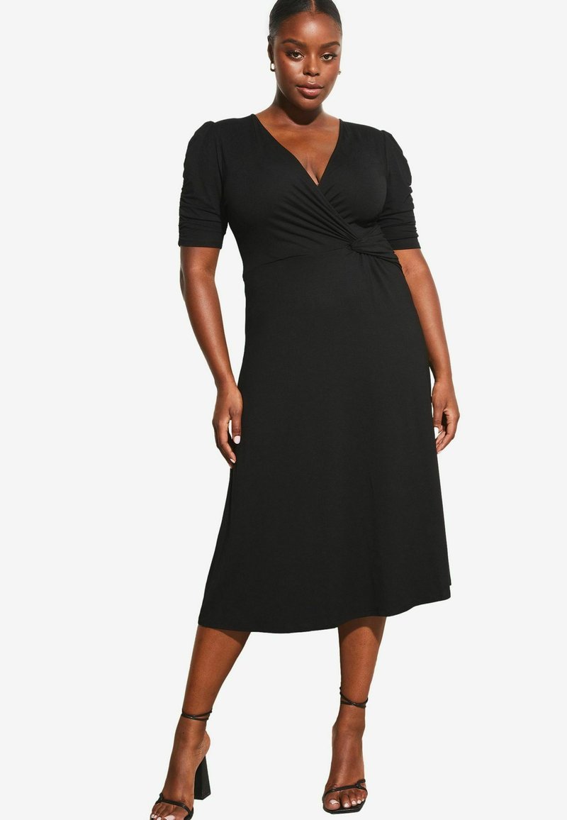 Lipsy SHORT RUCHED SLEEVE KNOT SIDE MIDI - PLUS SIZE - Trikotāžas kleita - black