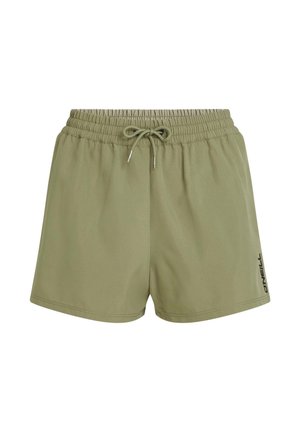 Zielone sportowe szorty z elastycznym pasem i regulowanym sznurkiem. Gładki materiał, z logo po lewej stronie.