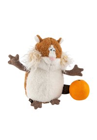 Peluche doux ressemblant à un animal poilu, avec un corps marron et blanc, un museau rose, de grands yeux et des pattes brunes texturées, à côté d'une orange.