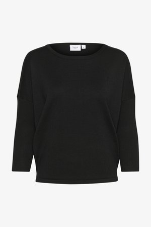 Melna adīta džemperis ar plašu kakla izgriezumu, kritušiem pleciem un trīs ceturtdaļu piedurknēm. Iezīmē teksturētu apdari un ribotas malās.