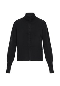 Cardigan nero con colletto alto, texture a coste e chiusura con bottoni a pieno. Presenta maniche lunghe e una silhouette aderente.