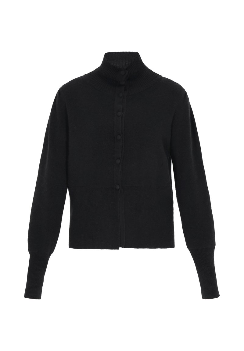 Cardigan nero con colletto alto, texture a coste e chiusura con bottoni a pieno. Presenta maniche lunghe e una silhouette aderente.