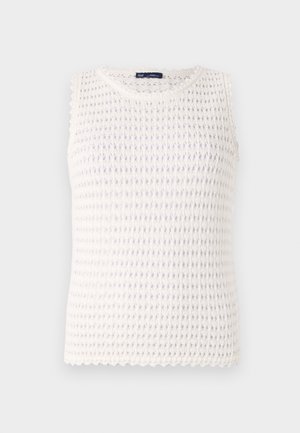 Sleeveless white knit tank top with a textured pattern, scalloped edges, and a slightly loose fit. Made from breathable fabric.