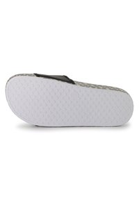 Črne drsne sandale s teksturiranim, vzorčastim podplatom in trdnim belim gumijastim podplatom. Imajo gladek trak in prilagodljivo zasnovo.