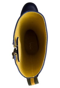 Botte en caoutchouc bleue avec un doux revêtement jaune, dotée d'un détail en métal noir et d'une accent rayé au talon. Vue intérieure affichée.