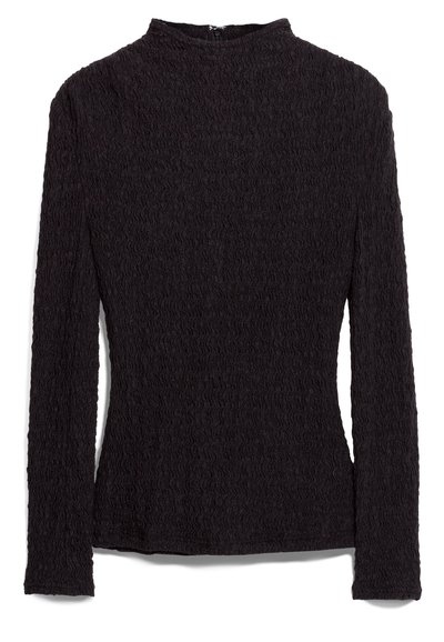 Top nero a maniche lunghe con un motivo ondulato testurizzato, colletto alto e vestibilità slim. Il materiale sembra leggero e leggermente elastico.