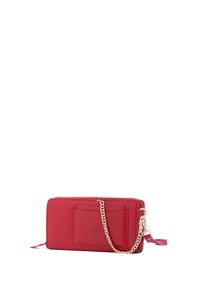Red leather wallet with a zip closure, gold-tone chain, front pocket, and stitched detailing. Smooth texture with a sleek design.