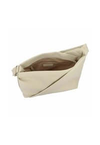 Borsa a tracolla in pelle beige con superficie testurizzata, dotata di zip superiore, tasca laterale e tracolla regolabile per il trasporto versatile.