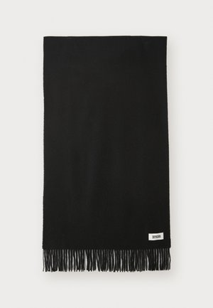 Black fringed scarf made of soft fabric. Features a rectangular shape with a label at one corner, smooth texture, and clean edges.
