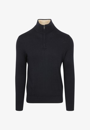 Marineblauwe gebreide pullover met een hoge kraag en een centrale rits. Beschikt over lange mouwen en een aansluitende onderrand, gemaakt van zachte stof.