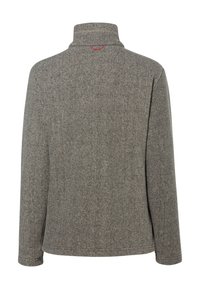 Grijze fleece pullover met een hoge kraag, lange mouwen en een gladde textuur. Kenmerkt zich door een rode accent op de achterkant van de kraag.