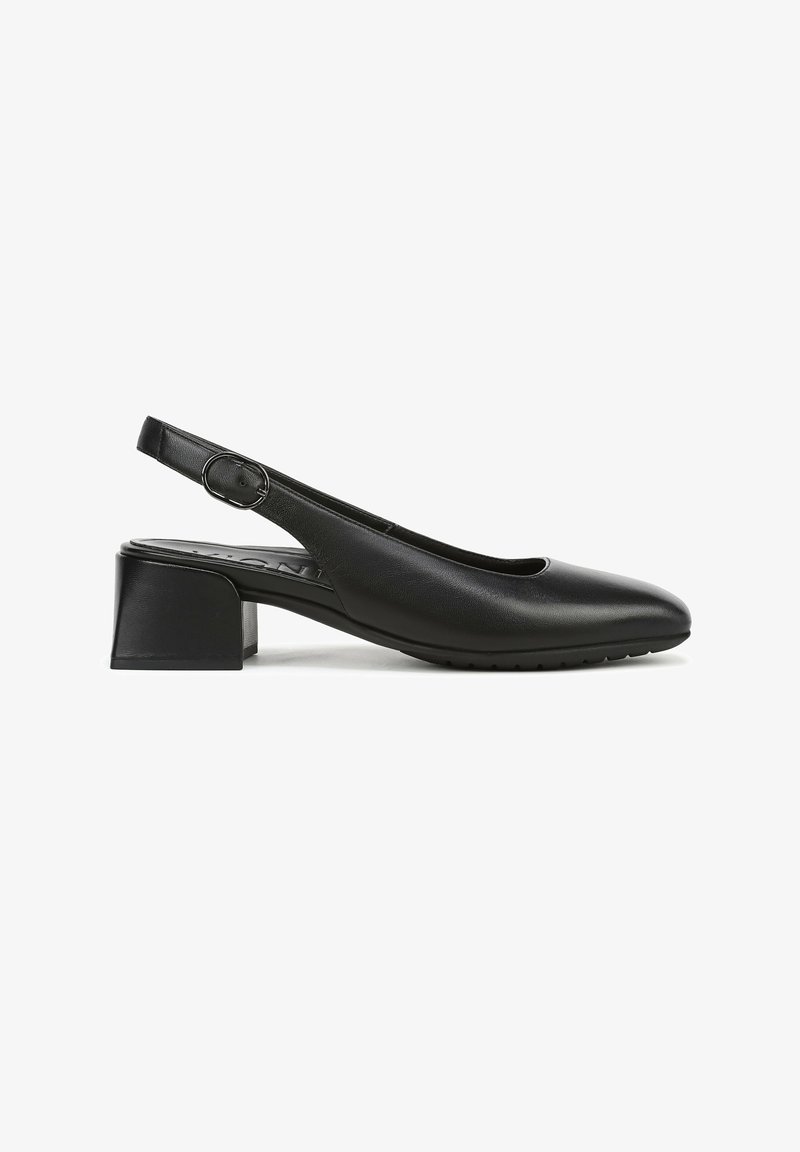 Black slingback shoe, made of smooth leather with a rounded toe, low square heel, and a circular buckle detail on the adjustable strap.