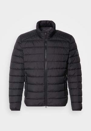 Giacca a vento nera con colletto alto, motivo a righe orizzontali, chiusura frontale con zip e tasche laterali. Tessuto dalla texture morbida.
